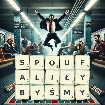 Kreatywna ilustracja do gry w Scrabble ze słowem SPOUFALIŁYBYŚMY ułożonym z płytek na planszy.