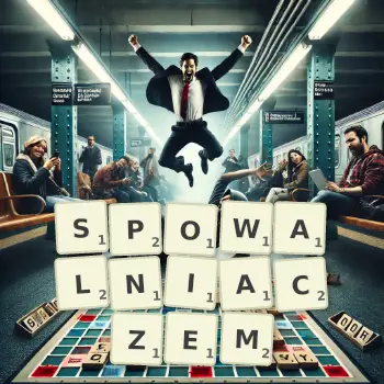 Kreatywna ilustracja do gry w Scrabble ze słowem SPOWALNIACZEM ułożonym z płytek na planszy.