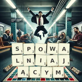 Kreatywna ilustracja do gry w Scrabble ze słowem SPOWALNIAJĄCYM ułożonym z płytek na planszy.