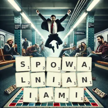 Kreatywna ilustracja do gry w Scrabble ze słowem SPOWALNIANIAMI ułożonym z płytek na planszy.