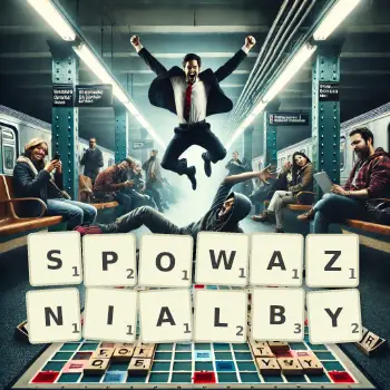 Kreatywna ilustracja do gry w Scrabble ze słowem SPOWAZNIALBY ułożonym z płytek na planszy.