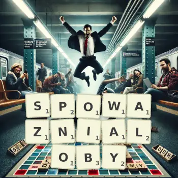 Kreatywna ilustracja do gry w Scrabble ze słowem SPOWAZNIALOBY ułożonym z płytek na planszy.