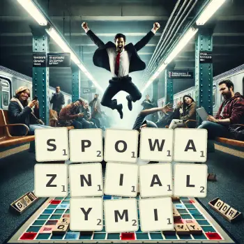 Kreatywna ilustracja do gry w Scrabble ze słowem SPOWAZNIALYMI ułożonym z płytek na planszy.