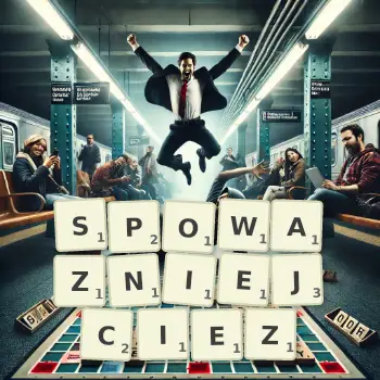 Kreatywna ilustracja do gry w Scrabble ze słowem SPOWAZNIEJCIEZ ułożonym z płytek na planszy.