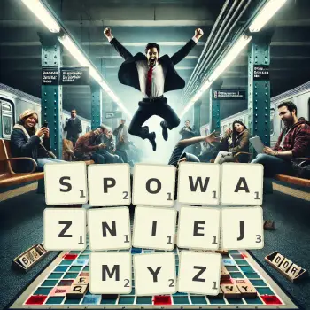 Kreatywna ilustracja do gry w Scrabble ze słowem SPOWAZNIEJMYZ ułożonym z płytek na planszy.