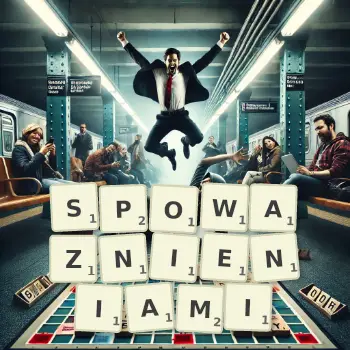 Kreatywna ilustracja do gry w Scrabble ze słowem SPOWAZNIENIAMI ułożonym z płytek na planszy.