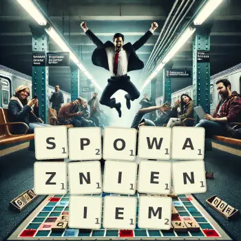 Kreatywna ilustracja do gry w Scrabble ze słowem SPOWAZNIENIEM ułożonym z płytek na planszy.