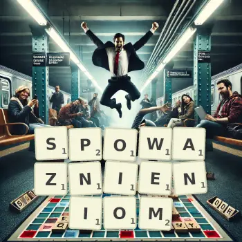 Kreatywna ilustracja do gry w Scrabble ze słowem SPOWAZNIENIOM ułożonym z płytek na planszy.