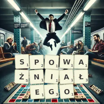 Kreatywna ilustracja do gry w Scrabble ze słowem SPOWAŻNIAŁEGO ułożonym z płytek na planszy.