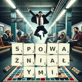 Kreatywna ilustracja do gry w Scrabble ze słowem SPOWAŻNIAŁYMI ułożonym z płytek na planszy.