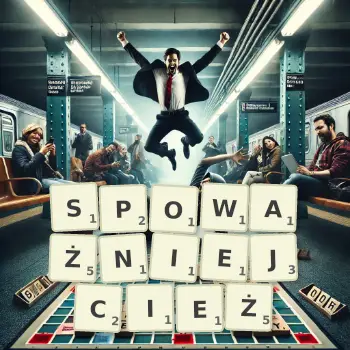 Kreatywna ilustracja do gry w Scrabble ze słowem SPOWAŻNIEJCIEŻ ułożonym z płytek na planszy.
