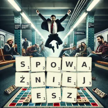 Kreatywna ilustracja do gry w Scrabble ze słowem SPOWAŻNIEJESZ ułożonym z płytek na planszy.