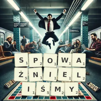 Kreatywna ilustracja do gry w Scrabble ze słowem SPOWAŻNIELIŚMY ułożonym z płytek na planszy.