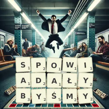 Kreatywna ilustracja do gry w Scrabble ze słowem SPOWIADAŁYBYŚMY ułożonym z płytek na planszy.