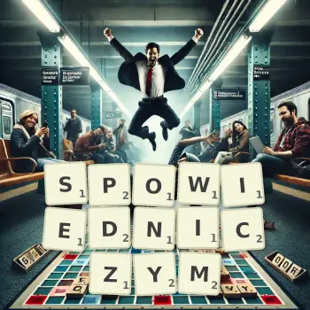 Kreatywna ilustracja do gry w Scrabble ze słowem SPOWIEDNICZYM ułożonym z płytek na planszy.