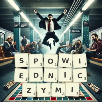 Kreatywna ilustracja do gry w Scrabble ze słowem SPOWIEDNICZYMI ułożonym z płytek na planszy.