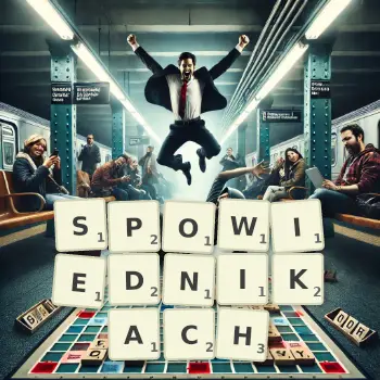 Kreatywna ilustracja do gry w Scrabble ze słowem SPOWIEDNIKACH ułożonym z płytek na planszy.