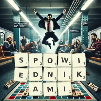 Kreatywna ilustracja do gry w Scrabble ze słowem SPOWIEDNIKAMI ułożonym z płytek na planszy.