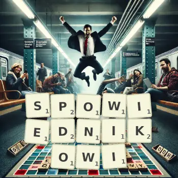 Kreatywna ilustracja do gry w Scrabble ze słowem SPOWIEDNIKOWI ułożonym z płytek na planszy.