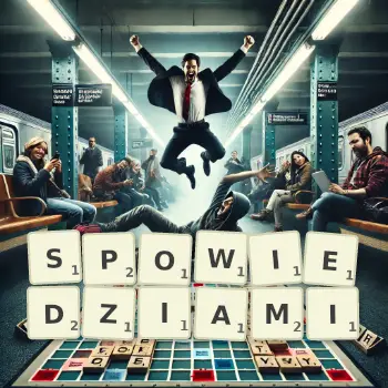 Kreatywna ilustracja do gry w Scrabble ze słowem SPOWIEDZIAMI ułożonym z płytek na planszy.