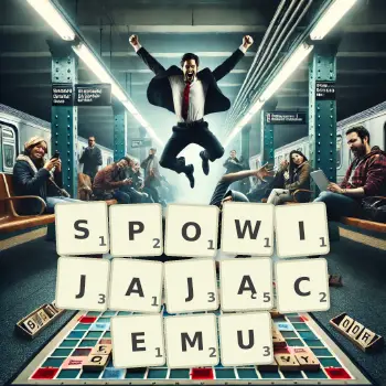 Kreatywna ilustracja do gry w Scrabble ze słowem SPOWIJAJĄCEMU ułożonym z płytek na planszy.