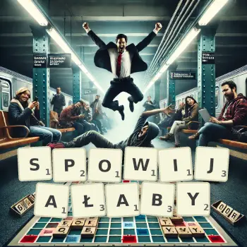 Kreatywna ilustracja do gry w Scrabble ze słowem SPOWIJAŁABY ułożonym z płytek na planszy.