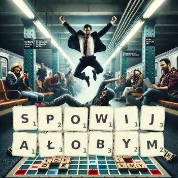 Kreatywna ilustracja do gry w Scrabble ze słowem SPOWIJAŁOBYM ułożonym z płytek na planszy.