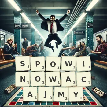 Kreatywna ilustracja do gry w Scrabble ze słowem SPOWINOWACAJMY ułożonym z płytek na planszy.