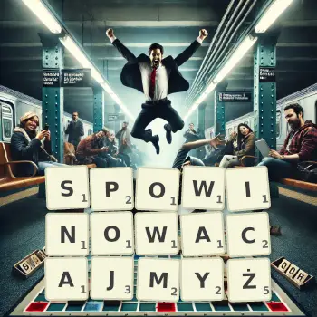 Kreatywna ilustracja do gry w Scrabble ze słowem SPOWINOWACAJMYŻ ułożonym z płytek na planszy.