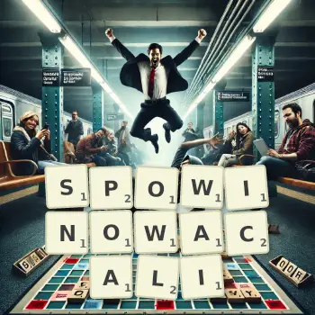 Kreatywna ilustracja do gry w Scrabble ze słowem SPOWINOWACALI ułożonym z płytek na planszy.