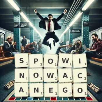 Kreatywna ilustracja do gry w Scrabble ze słowem SPOWINOWACANEGO ułożonym z płytek na planszy.