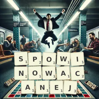 Kreatywna ilustracja do gry w Scrabble ze słowem SPOWINOWACANEJ ułożonym z płytek na planszy.