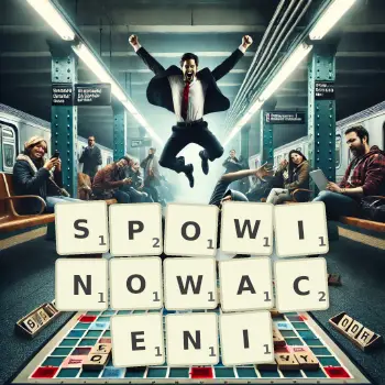 Kreatywna ilustracja do gry w Scrabble ze słowem SPOWINOWACENI ułożonym z płytek na planszy.