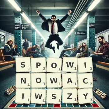 Kreatywna ilustracja do gry w Scrabble ze słowem SPOWINOWACIWSZY ułożonym z płytek na planszy.