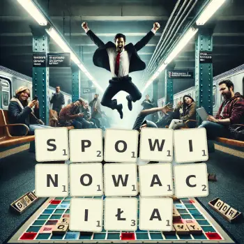 Kreatywna ilustracja do gry w Scrabble ze słowem SPOWINOWACIŁA ułożonym z płytek na planszy.