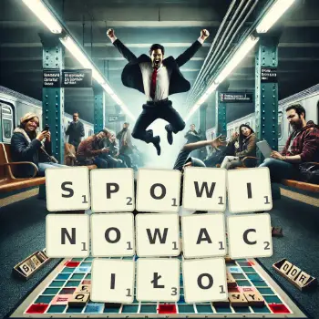 Kreatywna ilustracja do gry w Scrabble ze słowem SPOWINOWACIŁO ułożonym z płytek na planszy.