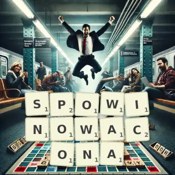 Kreatywna ilustracja do gry w Scrabble ze słowem SPOWINOWACONA ułożonym z płytek na planszy.