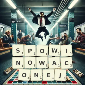 Kreatywna ilustracja do gry w Scrabble ze słowem SPOWINOWACONEJ ułożonym z płytek na planszy.