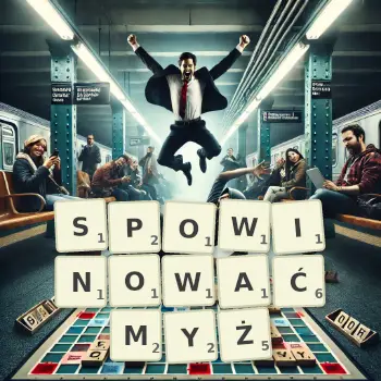 Kreatywna ilustracja do gry w Scrabble ze słowem SPOWINOWAĆMYŻ ułożonym z płytek na planszy.