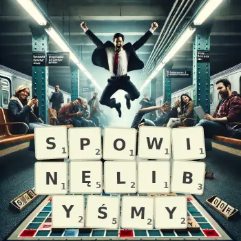 Kreatywna ilustracja do gry w Scrabble ze słowem SPOWINĘLIBYŚMY ułożonym z płytek na planszy.