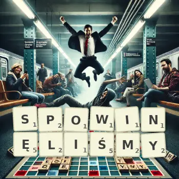 Kreatywna ilustracja do gry w Scrabble ze słowem SPOWINĘLIŚMY ułożonym z płytek na planszy.