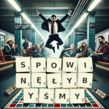 Kreatywna ilustracja do gry w Scrabble ze słowem SPOWINĘŁYBYŚMY ułożonym z płytek na planszy.