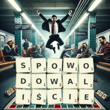 Kreatywna ilustracja do gry w Scrabble ze słowem SPOWODOWALIŚCIE ułożonym z płytek na planszy.