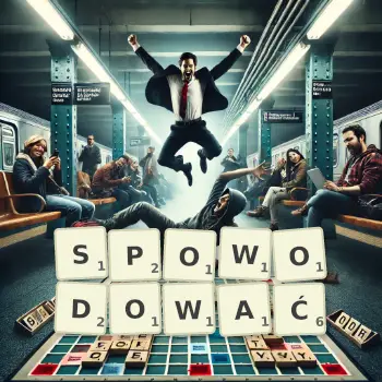 Kreatywna ilustracja do gry w Scrabble ze słowem SPOWODOWAĆ ułożonym z płytek na planszy.