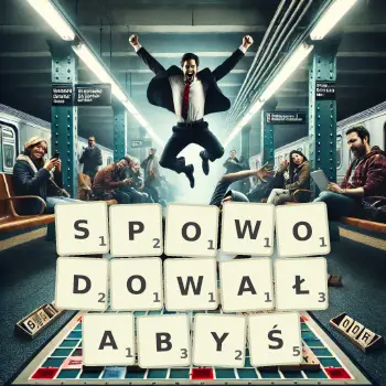 Kreatywna ilustracja do gry w Scrabble ze słowem SPOWODOWAŁABYŚ ułożonym z płytek na planszy.