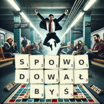 Kreatywna ilustracja do gry w Scrabble ze słowem SPOWODOWAŁBYŚ ułożonym z płytek na planszy.