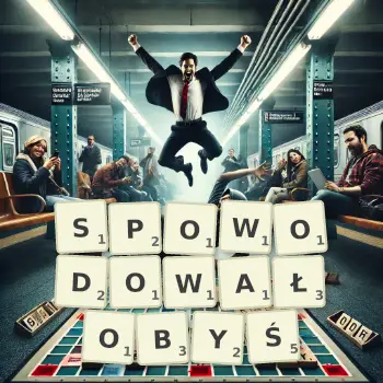 Kreatywna ilustracja do gry w Scrabble ze słowem SPOWODOWAŁOBYŚ ułożonym z płytek na planszy.