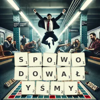 Kreatywna ilustracja do gry w Scrabble ze słowem SPOWODOWAŁYŚMY ułożonym z płytek na planszy.