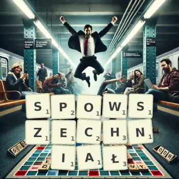 Kreatywna ilustracja do gry w Scrabble ze słowem SPOWSZECHNIAŁ ułożonym z płytek na planszy.