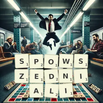 Kreatywna ilustracja do gry w Scrabble ze słowem SPOWSZEDNIALI ułożonym z płytek na planszy.